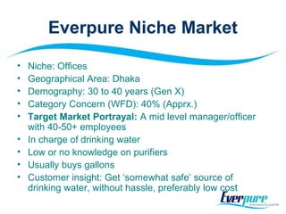 Everpure Niche Market
• Niche: Offices
• Geographical Area: Dhaka
• Demography: 30 to 40 years (Gen X)
• Category Concern (WFD): 40% (Apprx.)
• Target Market Portrayal: A mid level manager/officer
with 40-50+ employees
• In charge of drinking water
• Low or no knowledge on purifiers
• Usually buys gallons
• Customer insight: Get ‘somewhat safe’ source of
drinking water, without hassle, preferably low cost
 
