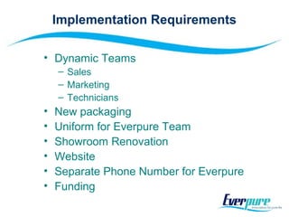 Implementation Requirements
• Dynamic Teams
– Sales
– Marketing
– Technicians
• New packaging
• Uniform for Everpure Team
• Showroom Renovation
• Website
• Separate Phone Number for Everpure
• Funding
 