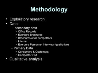 Methodology
• Exploratory research
• Data:
– secondary data
• Office Records
• Everpure Brochures
• Brochures of all competitors
• Internet
• Everpure Personnel Interview (qualitative)
– Primary Data
• Consumers & Customers
• Competitor visit
• Qualitative analysis
 