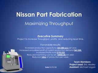 Nissan Part Fabrication
Maximizing Throughput
Executive Summary
Project to increase throughput, profits, and reducing lead time.
Favorable results:
Increased production capacity by 322,080 pcs per year.
Increased annualized profit of current production demand $62,200.
Increased Profits total $195,032
Reduced machining cost by est. $4000.00 per year.
Reduced 16hrs of production per week.
Team Members:
Project Lead: Eric Mosley
Assistant: Michael LoganDate:11/11/13
 