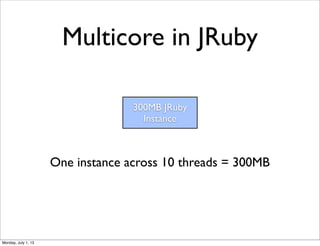 Multicore in JRuby
300MB JRuby
Instance
One instance across 10 threads = 300MB
Monday, July 1, 13
 