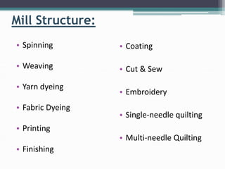 Mill Structure:
• Spinning
• Weaving
• Yarn dyeing
• Fabric Dyeing
• Printing
• Finishing
• Coating
• Cut & Sew
• Embroidery
• Single-needle quilting
• Multi-needle Quilting
 