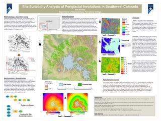 Site Suitability Analysis of Periglacial Involutions in Southwest Colorado
Rae Kinney
Department of Geosciences, Fort Lewis College
Methodology: Georeferencing
Pleistocene glacial extent in the San Juan Mountains data by
Atwood and Mather (1932) and modified by Gillam (1998) was
scanned and imported into ArcMap. In order to accurately
georeference the LGM extent, numerous points were required.
The Animas River, the cities of Silverton, Durango, and
Farmington, as well as the Colorado/ New Mexico border were all
used as points to place the image in the correct location. After the
image was correctly positioned, the edit toolbar was used to
create a shapefile of the glacial extent.
Methodology: ModelBuilder
ModelBuilder was used in numerous steps of this project to
create appropriate criterion and to perform the overall suitability
analysis. In order for the LGM shapefile created from the
georeferenced figure above to be analyzed, it needed to be
converted into a raster data set. The polygon to raster tool was
used to convert the image. After the LGM extent was rasterized,
it could be analyzed using different tools. In this ModelBuilder,
the Euclidian distance tool was used along with the reclassify
tool to determine the most ideal conditions in zones around the
LGM extent shown in the image to the right.
Introduction
During the lake Wisconsin glaciation, ice extended approximately 5,000
km2 in the San Juan Mountains, the largest glacier being the Animas
Glacier, which covered 600 km2 of the total area (Atwood and Mather,
1932). Beyond the glaciation coverage, periglacial processes such as
freezing and thawing of soil layers and perennially frozen ground. During
this time, freeze/thaw processes contributed to the formations of
involutions. An involution is a deformation of previously horizontal soil
layers into interpenetrating structures due to the expansion and reduction
of ground ice. The purpose of this suitability analysis was to determine
adequate locations for possible periglacial involution structures through
performing different analyses using ArcGIS.
Results/Conclusion
Each criteria used in this analysis was reclassified with values 1-10; 1 representing low suitability and
10 representing high suitability. The raster calculator was used to classify areas depending on the
weight that was given to each criteria. Aspect received 30% and was reclassified with north,
northeast, and northwest having values of 10. Slope was given 30% and reclassified in natural
breaks with lower angles receiving higher values. LGM Euclidean distance was given 20% and was
reclassified with areas farthest and closest to the glacier with lower values. Timberline received 20%
and was reclassified given areas above 2,400 meters a value of 10. The output was on a scale of 1-
10. The final map represents areas that received a value of 8 and higher.
References
Atwood, W., and Mather, K., 1932, Physiography and Quaternary Geology of the San Juan Mountains, Colorado: U.S. Geological Survey
Professional Paper, v. 166, p. 176.
Blagbrough, J.W. 1998. Late Wisconsin Climatic Inferences from Rock Glaciers in South-central and West-central New Mexico and East-central
Arizona: New Mexico Geology, v. 16, p. 65-71
Gillam, M. 1998. Late Cenozoic Geology and Soils of the Lower Animas River Valley, Colorado and New Mexico [Ph.D. thesis]: Department of
Geosciences, University of Colorado, p. 1-473.
Ray, N. and J. M. Adams. 2001. A GIS-based Vegetation Map of the World at the Last Glacial
Maximum (25,000-15,000 BP) Internet Archaeology v. 11 (http://intarch.ac.uk/journal/issue11/rayadams_toc.html)
Data Sources
DEM – USGS, LGM extent map – Mary Gillam (1998), LGM vegetation – Quaternary Environments Network
Creating the Site
Suitability Analysis
Polygon to Raster
Analysis
Aspect – An aspect surface analysis was
generated from downloaded and mosaicked
DEMs to display slope direction. North, northeast,
and northwest facing slopes receive less
exposure to sunlight, thus remaining colder. This
is important to the formation of involutions due to
the freeze/thaw process that is more likely to
occur on north, northeast, and northwest facing
slopes.
Timberline – Timberlines are accurate indicators
of current climates. Data from the Quaternary
Environments Network of LGM vegetation was
compared to a study from Blagbrough (1994) of
rock glacier formations in northern New Mexico to
determine an estimate of the timberline during the
LGM. The raster calculator was used to select for
elevations above 2,400 meters using downloaded
and mosaicked DEMs from the USGS. The
estimate of 2,400 meters used from Blagbrough’s
research was similar to the boundary between
polar and alpine desert and steppe-tundra from
Ray and Adam (2001). Timberline is an important
component in determining past environments
since it indicates at what elevations cold climates
existed.
Slope – Another surface analysis was performed
to determine the slope angles from mosaicked
DEMs. The slope tool was used to create a map
showing a range of gentle to steep slopes in
southwest Colorado. Gentler slopes are favored
for the preservation of periglacial features. A
steep slope has the potential to disrupt possible
involuted layers as well as contribute to other
processes that would distort the structures.
 
