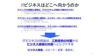 4
ITビジネスはどこへ向かうのか
ITインフラの構築と運用は、クラウドや人工知能に代替されてゆく
 Software Defined Infrastructureの普及
 人工知能による運用（例：Facebook 24,000サーバー/1エンジニア）
 ・・・
ビジネスは競争力の強化のために、テクノロジーへの依存を高めてゆく
 銀行業務や医療現場でのIBM Watsonの導入
 Industry 4.0 / Industry Internet
 ・・・
アプリケーションの開発と運用は、ビジネス・スピードとの同期化を求める
 PaaSやSaaSの適用領域が拡大
 人工知能による開発（例：The Grid）
 ・・・
ITビジネスの収益は、工数提供の対価から
ビジネス価値の対価へとシフトする
（ビジネス価値＝スピード・変革・差別化）
 