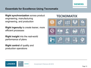 LOGOEX Unrestricted © Siemens AG 2014
Page 13
Essentials for Excellence Using Tecnomatix
Right synchronization across product
engineering, manufacturing
engineering, and production
Right ingenuity to create leaner, more
efficient processes
Right insight into the real-world
performance of plans
Right control of quality and
production operations
 