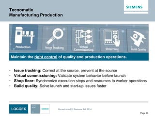 LOGOEX Unrestricted © Siemens AG 2014
Page 20
Tecnomatix
Manufacturing Production
• Issue tracking: Correct at the source, prevent at the source
• Virtual commissioning: Validate system behavior before launch
• Shop floor: Synchronize execution steps and resources to worker operations
• Build quality: Solve launch and start-up issues faster
Maintain the right control of quality and production operations.
 