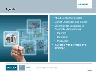 LOGOEX Unrestricted © Siemens AG 2014
Page 25
Agenda
• About Us (partner details)
• Market Challenges and Trends
• Essentials for Excellence in
Assembly Manufacturing
• Planning
• Simulation
• Production
• Success with Siemens and
[Partner]
 