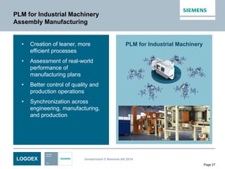 LOGOEX Unrestricted © Siemens AG 2014
Page 27
PLM for Industrial Machinery
PLM for Industrial Machinery
Assembly Manufacturing
• Creation of leaner, more
efficient processes
• Assessment of real-world
performance of
manufacturing plans
• Better control of quality and
production operations
• Synchronization across
engineering, manufacturing,
and production
 