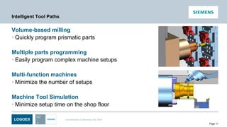 LOGOEX Unrestricted © Siemens AG 2016
Page 17
Intelligent Tool Paths
Volume-based milling
• Quickly program prismatic parts
Multiple parts programming
• Easily program complex machine setups
Multi-function machines
• Minimize the number of setups
Machine Tool Simulation
• Minimize setup time on the shop floor
 