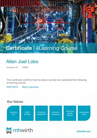 Employee ID:
This certificate confirms that the above named has completed the following
eLearning course:
Allen Joel Lobo
Basic hydraulics
236991
09/07/2015
 