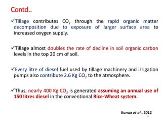 Contd..
Tillage contributes CO2 through the rapid organic matter
decomposition due to exposure of larger surface area to
increased oxygen supply.
Tillage almost doubles the rate of decline in soil organic carbon
levels in the top 20 cm of soil.
Every litre of diesel fuel used by tillage machinery and irrigation
pumps also contribute 2.6 Kg CO2 to the atmosphere.
Thus, nearly 400 Kg CO2 is generated assuming an annual use of
150 litres diesel in the conventional Rice-Wheat system.
16
Kumar et al., 2012
 