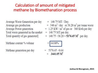 Calculation of amount of mitigated
methane by Biomethanation process
Joshua & Murugesan, 201537
 