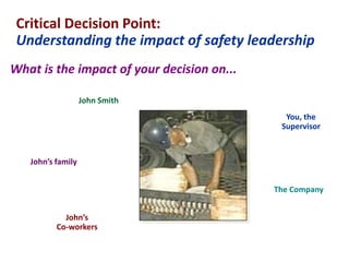 John Smith
John’s
Co-workers
John’s family
You, the
Supervisor
The Company
Critical Decision Point:
Understanding the impact of safety leadership
What is the impact of your decision on...
 