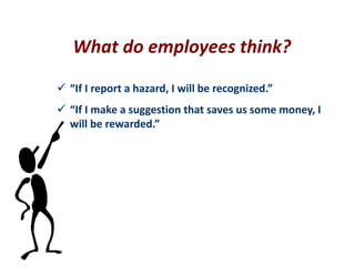 What do employees think?
 “If I report a hazard, I will be recognized.”
 “If I make a suggestion that saves us some money, I
will be rewarded.”
 