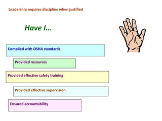 Complied with OSHA standards
Ensured accountability
Provided effective supervision
Provided effective safety training
Provided resources
Leadership requires discipline when justified
Have I…
 