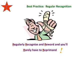 Best Practice: Regular Recognition
Regularly Recognize and Reward and you'll
Rarely have to Reprimand
!
!
 