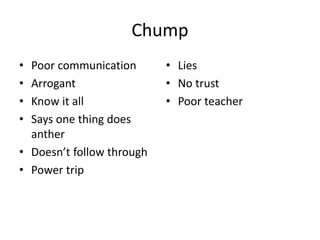 Chump
• Poor communication
• Arrogant
• Know it all
• Says one thing does
anther
• Doesn’t follow through
• Power trip
• Lies
• No trust
• Poor teacher
 
