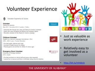 Volunteer Experience
• Just as valuable as
work experience
• Relatively easy to
get involved as a
volunteer
• http://bit.ly/mhdeck
 