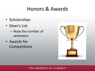 Honors & Awards
• Scholarships
• Dean’s List
– Note the number of
semesters
• Awards for
Competitions
 