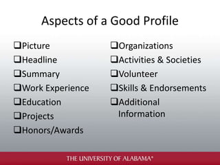 Aspects of a Good Profile
Picture
Headline
Summary
Work Experience
Education
Projects
Honors/Awards
Organizations
Activities & Societies
Volunteer
Skills & Endorsements
Additional
Information
 
