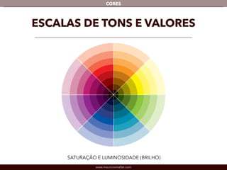 www.mauriciomallet.com
CORES
SATURAÇÃO E LUMINOSIDADE (BRILHO)
ESCALAS DE TONS E VALORES
 