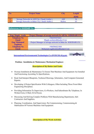 No Project Name City Length
(KM)
1 Sewage Networks in Afif City ( Saudi Arabia ). Afif 36
2 Sewage Networks in Baha City ( Saudi Arabia ). Kulwa 63
References In KHODARI Co.
Eng/ Magdy Arafa Project Manager of sewage network In Afif for KHODARI CO.
Telephone No +966593076661
Email Magdy.arafa@alkhodari.Com
Eng/ Mohamed
Zaghloul
Project Manager of sewage network In Baha for KHODARI CO.
Telephone No +966506421804
Email Mohamed.zaghloul@alkhodari.Com
International Environmental Technologies Co (INTECH) (Egypt).
Position: Installation & Maintenance Mechanical Engineer.
Description of My Duties And Tasks:
• Oversee Installation & Maintenance To Ensure That Machines And Equipment Are Installed
And Functioning According To Specifications.
• Read And Interpret Blueprints, Technical Drawings, Schematics, And Computer-Generated
Reports.
• Developing A Project Specification With Colleagues, Often Including Those From Other
Engineering Disciplines.
• Providing Information To Supervisors, Co-Workers, And Subordinates By Telephone, In
Written Form, E-Mail, Or In Person.
• Discussing And Solving Complex Problems With Manufacturing Departments, Sub-
Contractors And Suppliers.
• Planning, Coordination, And Supervision- Pre Commissioning, Commissioning &
Stabilization Of Various Machines And Equipment.
Description of My Work Activities:
 