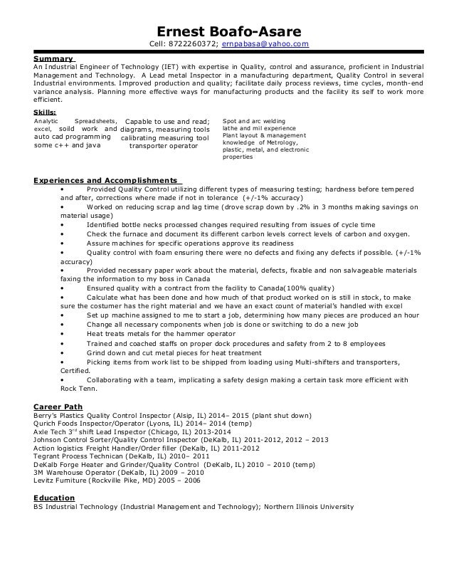ernest professional industrial engineering of technology resume ernest boafo asare cell 8722260372 ernpabasayahoocom summary an industrial