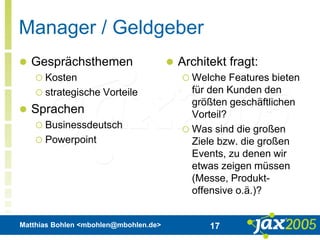 Matthias Bohlen <mbohlen@mbohlen.de> 17
Manager / Geldgeber
 Gesprächsthemen
 Kosten
 strategische Vorteile
 Sprachen
 Businessdeutsch
 Powerpoint
 Architekt fragt:
 Welche Features bieten
für den Kunden den
größten geschäftlichen
Vorteil?
 Was sind die großen
Ziele bzw. die großen
Events, zu denen wir
etwas zeigen müssen
(Messe, Produkt-
offensive o.ä.)?
 