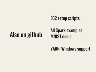 EC2 setup scripts 
All Spark examples 
MNIST demo 
YARN, Windows support 
Also on github 
 