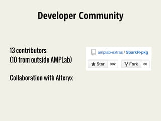 Developer Community 
13 contributors 
(10 from outside AMPLab) 
Collaboration with Alteryx 
 