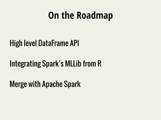 On the Roadmap 
High level DataFrame API 
Integrating Spark’s MLLib from R 
Merge with Apache Spark 
 
