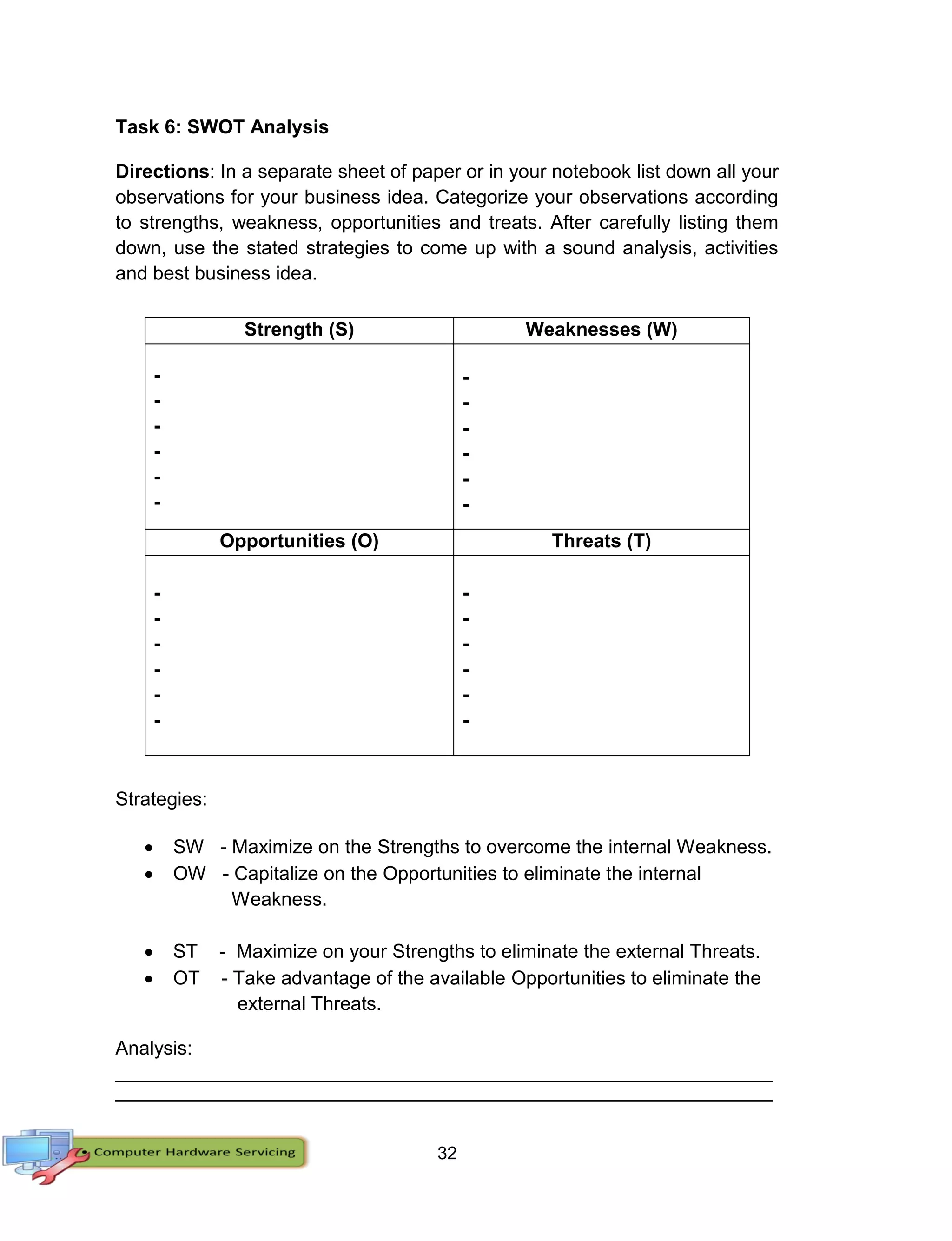 32
Task 6: SWOT Analysis
Directions: In a separate sheet of paper or in your notebook list down all your
observations for your business idea. Categorize your observations according
to strengths, weakness, opportunities and treats. After carefully listing them
down, use the stated strategies to come up with a sound analysis, activities
and best business idea.
Strategies:
 SW - Maximize on the Strengths to overcome the internal Weakness.
 OW - Capitalize on the Opportunities to eliminate the internal
Weakness.
 ST - Maximize on your Strengths to eliminate the external Threats.
 OT - Take advantage of the available Opportunities to eliminate the
external Threats.
Analysis:
__________________________________________________________________________________
__________________________________________________________________________________
Strength (S) Weaknesses (W)
-
-
-
-
-
-
-
-
-
-
-
-
Opportunities (O) Threats (T)
-
-
-
-
-
-
-
-
-
-
-
-
 