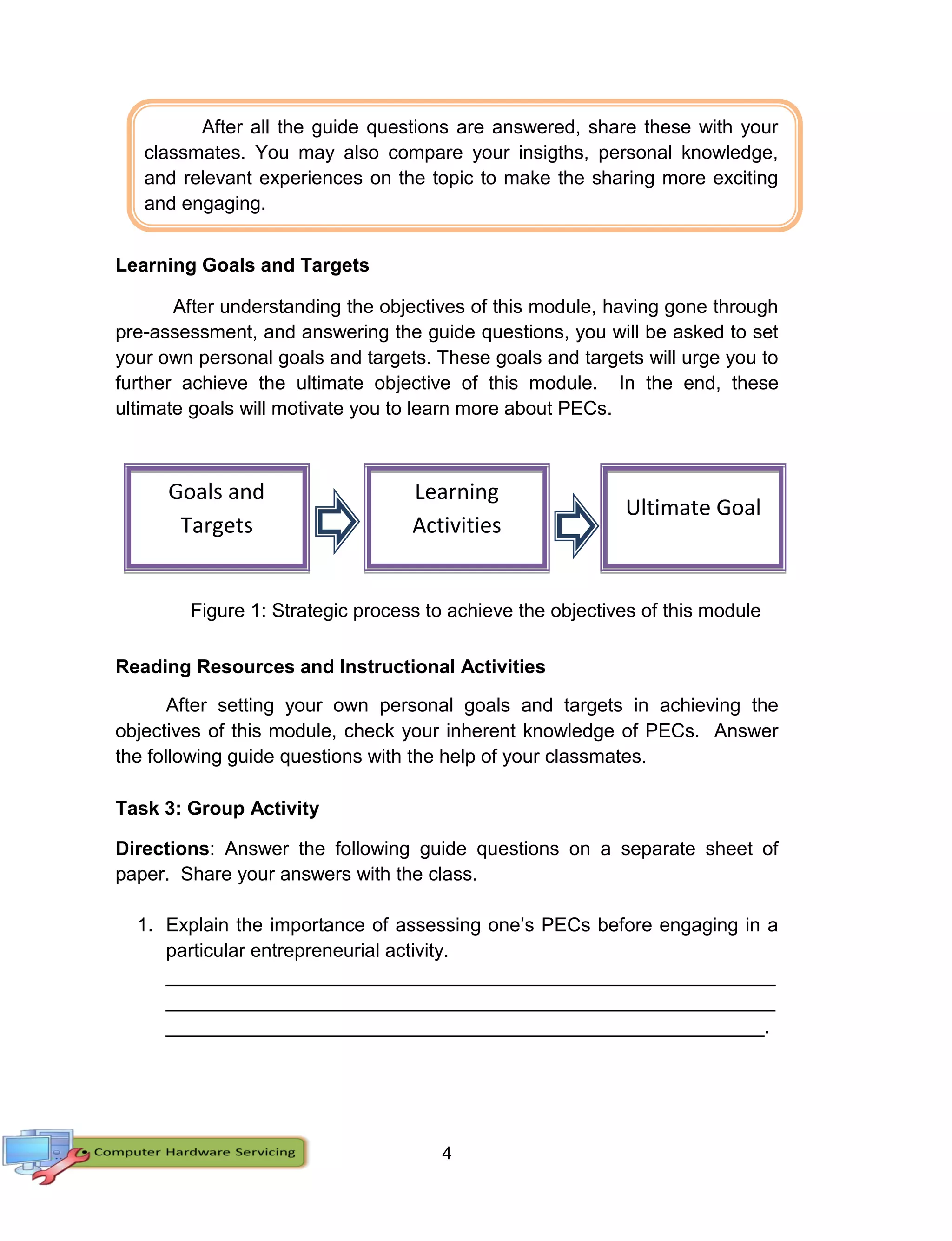 4
After all the guide questions are answered, share these with your
classmates. You may also compare your insigths, personal knowledge,
and relevant experiences on the topic to make the sharing more exciting
and engaging.
Learning Goals and Targets
After understanding the objectives of this module, having gone through
pre-assessment, and answering the guide questions, you will be asked to set
your own personal goals and targets. These goals and targets will urge you to
further achieve the ultimate objective of this module. In the end, these
ultimate goals will motivate you to learn more about PECs.
Figure 1: Strategic process to achieve the objectives of this module
Reading Resources and Instructional Activities
After setting your own personal goals and targets in achieving the
objectives of this module, check your inherent knowledge of PECs. Answer
the following guide questions with the help of your classmates.
Task 3: Group Activity
Directions: Answer the following guide questions on a separate sheet of
paper. Share your answers with the class.
1. Explain the importance of assessing one’s PECs before engaging in a
particular entrepreneurial activity.
_________________________________________________________
_________________________________________________________
________________________________________________________.
Goals and
Targets
Learning
Activities
Ultimate Goal
 