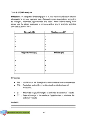 32
Task 6: SWOT Analysis
Directions: In a separate sheet of paper or in your notebook list down all your
observations for your business idea. Categorize your observations according
to strengths, weakness, opportunities and treats. After carefully listing them
down, use the stated strategies to come up with a sound analysis, activities
and best business idea.
Strategies:
 SW - Maximize on the Strengths to overcome the internal Weakness.
 OW - Capitalize on the Opportunities to eliminate the internal
Weakness.
 ST - Maximize on your Strengths to eliminate the external Threats.
 OT - Take advantage of the available Opportunities to eliminate the
external Threats.
Analysis:
__________________________________________________________________________________
__________________________________________________________________________________
Strength (S) Weaknesses (W)
-
-
-
-
-
-
-
-
-
-
-
-
Opportunities (O) Threats (T)
-
-
-
-
-
-
-
-
-
-
-
-
 