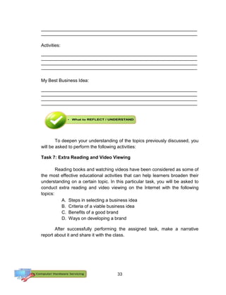 33
__________________________________________________________________________________
__________________________________________________________________________________
Activities:
__________________________________________________________________________________
__________________________________________________________________________________
__________________________________________________________________________________
__________________________________________________________________________________
My Best Business Idea:
__________________________________________________________________________________
__________________________________________________________________________________
__________________________________________________________________________________
__________________________________________________________________________________
To deepen your understanding of the topics previously discussed, you
will be asked to perform the following activities:
Task 7: Extra Reading and Video Viewing
Reading books and watching videos have been considered as some of
the most effective educational activities that can help learners broaden their
understanding on a certain topic. In this particular task, you will be asked to
conduct extra reading and video viewing on the Internet with the following
topics:
A. Steps in selecting a business idea
B. Criteria of a viable business idea
C. Benefits of a good brand
D. Ways on developing a brand
After successfully performing the assigned task, make a narrative
report about it and share it with the class.
 