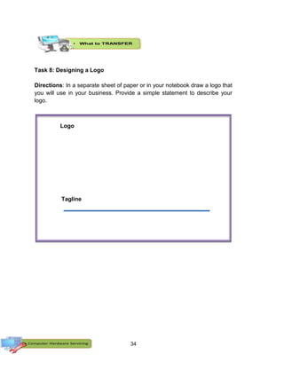 34
Task 8: Designing a Logo
Directions: In a separate sheet of paper or in your notebook draw a logo that
you will use in your business. Provide a simple statement to describe your
logo.
Tagline
Logo
 