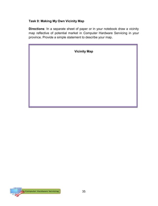 35
Task 9: Making My Own Vicinity Map
Directions: In a separate sheet of paper or in your notebook draw a vicinity
map reflective of potential market in Computer Hardware Servicing in your
province. Provide a simple statement to describe your map.
Vicinity Map
 