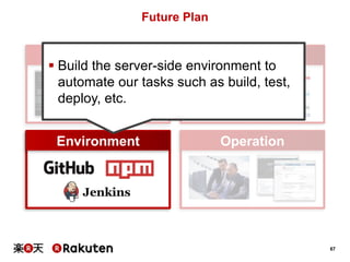 67 
Future Plan 
Tools Libraries 
 Build the server-side environment to 
automate our tasks such as build, test, 
deploy,...
