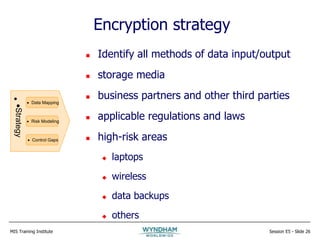 MIS Training Institute Session E5 - Slide 26
Encryption strategy
 Identify all methods of data input/output
 storage media
 business partners and other third parties
 applicable regulations and laws
 high-risk areas
 laptops
 wireless
 data backups
 others

Strategy
 Data Mapping
 Risk Modeling
 Control Gaps
 