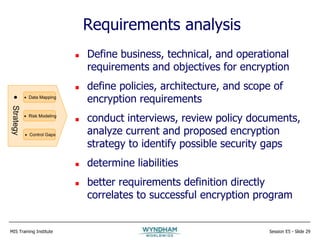 MIS Training Institute Session E5 - Slide 29
Requirements analysis
 Define business, technical, and operational
requirements and objectives for encryption
 define policies, architecture, and scope of
encryption requirements
 conduct interviews, review policy documents,
analyze current and proposed encryption
strategy to identify possible security gaps
 determine liabilities
 better requirements definition directly
correlates to successful encryption program

Strategy
 Data Mapping
 Risk Modeling
 Control Gaps
 