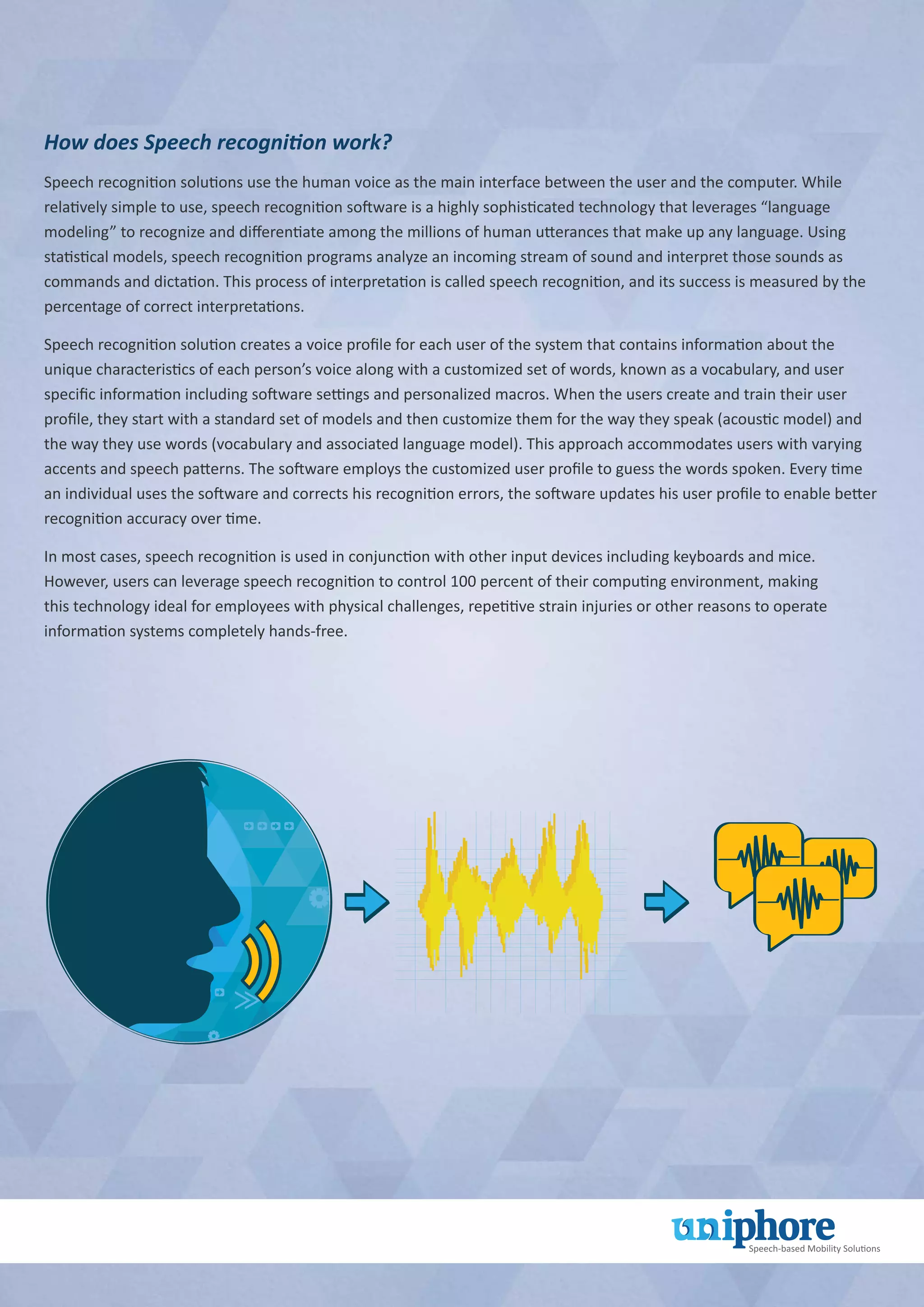 How does Speech recognition work?
Speech recognition solutions use the human voice as the main interface between the user and the computer. While
relatively simple to use, speech recognition software is a highly sophisticated technology that leverages “language
modeling” to recognize and differentiate among the millions of human utterances that make up any language. Using
statistical models, speech recognition programs analyze an incoming stream of sound and interpret those sounds as
commands and dictation. This process of interpretation is called speech recognition, and its success is measured by the
percentage of correct interpretations.
Speech recognition solution creates a voice profile for each user of the system that contains information about the
unique characteristics of each person’s voice along with a customized set of words, known as a vocabulary, and user
specific information including software settings and personalized macros. When the users create and train their user
profile, they start with a standard set of models and then customize them for the way they speak (acoustic model) and
the way they use words (vocabulary and associated language model). This approach accommodates users with varying
accents and speech patterns. The software employs the customized user profile to guess the words spoken. Every time
an individual uses the software and corrects his recognition errors, the software updates his user profile to enable better
recognition accuracy over time.
In most cases, speech recognition is used in conjunction with other input devices including keyboards and mice.
However, users can leverage speech recognition to control 100 percent of their computing environment, making
this technology ideal for employees with physical challenges, repetitive strain injuries or other reasons to operate
information systems completely hands-free.
 