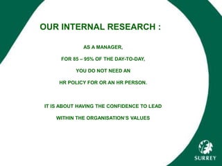 OUR INTERNAL RESEARCH :
AS A MANAGER,
FOR 85 – 95% OF THE DAY-TO-DAY,
YOU DO NOT NEED AN
HR POLICY FOR OR AN HR PERSON.
IT IS ABOUT HAVING THE CONFIDENCE TO LEAD
WITHIN THE ORGANISATION’S VALUES
 