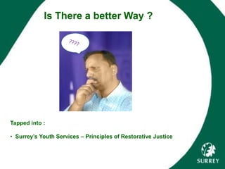 Is There a better Way ?
Tapped into :
• Surrey’s Youth Services – Principles of Restorative Justice
 