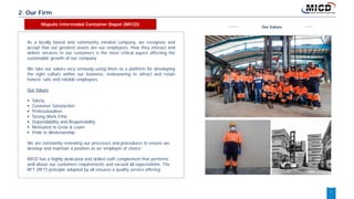 5
2. Our Firm
Maputo Intermodal Container Depot (MICD)
Our Values
As a locally based and community minded company, we recognize and
accept that our greatest assets are our employees. How they interact and
deliver services to our customers is the most critical aspect affecting the
sustainable growth of our company.
We take our values very seriously using them as a platform for developing
the right culture within our business, endeavoring to attract and retain
honest, safe and reliable employees.
Our Values
 Safety
 Customer Satisfaction
 Professionalism
 Strong Work Ethic
 Dependability and Responsibility
 Motivated to Grow & Learn
 Pride in Workmanship
We are constantly reviewing our processes and procedures to ensure we
develop and maintain a position as an ‘employer of choice’.
MICD has a highly dedicated and skilled staff complement that performs
well above our customers requirements and exceed all expectations. The
RFT (RFT) principle adopted by all ensures a quality service offering
 
