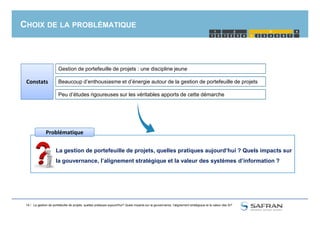 CHOIX DE LA PROBLÉMATIQUE
Constats Beaucoup d’enthousiasme et d’énergie autour de la gestion de portefeuille de projets
Peu d’études rigoureuses sur les véritables apports de cette démarche
1 2 1 2 3 4 5
1 2 3
4321 6 7
4
Gestion de portefeuille de projets : une discipline jeune
14 / La gestion de portefeuille de projets, quelles pratiques aujourd'hui? Quels impacts sur la gouvernance, l'alignement stratégique et la valeur des SI?
La gestion de portefeuille de projets, quelles pratiques aujourd’hui ? Quels impacts sur
la gouvernance, l’alignement stratégique et la valeur des systèmes d’information ?
Problématique
 