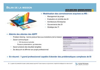 BILAN DE LA MISSION
 Mobilisation des connaissances acquises au MS :
 Management de projet
 Evaluation et contrôle des SI
 Architecture d’Entreprise
 Gouvernance des SI
 Stratégie des TI
1 2 1 2 3 4 5
1 2 3
4321 6 7
4
 Atteinte des attentes des ADPP
25 /
 En résumé : 1 grand professionnel capable d’aborder des problématiques complexes de SI
La gestion de portefeuille de projets, quelles pratiques aujourd'hui? Quels impacts sur la gouvernance, l'alignement stratégique et la valeur des SI?
 Atteinte des attentes des ADPP
 Problem Solving : bonne posture face aux évolutions de la mission
 Savoir communiquer :
 ≈ 100 réunions et activités
 Plusieurs présentations .ppt élaborées
 Savoir produire des résultats tangibles
 Se découvrir et affirmer son projet professionnel
 