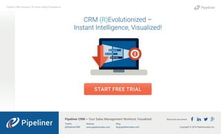 START FREE TRIAL
CRM (R)Evolutionized –
Instant Intelligence, Visualized!
Pipeliner CRM Automata: 10 Unique Selling Propositions
Copyright © 2016 Pipelinersales Inc.
Share this document:Pipeliner CRM – Your Sales Management Worktool, Visualized
Twitter
@PipelinerCRM
Website
www.pipelinersales.com
Blog
blog.pipelinersales.com
   
 