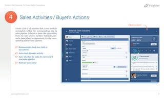 Create a list of all activities that a user needs to
accomplish within the corresponding step in
sales pipeline in order to move the opportunity
from one sales step to another. Schedule auto-
matic tasks when an opportunity hit the corre-
sponding step in sales pipeline.
¤¤ Relateasimple check-box, field or
any activity.
¤¤ Auto-check the sales activity.
¤¤ Auto-schedule the tasks for each step of
your sales pipeline.
¤¤ Motivate your users!
Sales Activities / Buyer‘s Actions
Pipeliner CRM Automata: 10 Unique Selling Propositions
www.pipelinersales.com 5
Check as done!
4
 