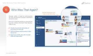 Strategic selling is based on understanding
the roles and characters of all the stakeholders
involved in a deal.
How can we map how people are connected and
how they influence the Deal? With Pipeliner
CRM you can.
¤¤ Visualize the internal relationships of
an account you work with.
¤¤ Find and defineacontacts positions within
the account.
¤¤ Keep track of all the sales roles of people
within the Opportunity.
Who Was That Again?
Pipeliner CRM Automata: 10 Unique Selling Propositions
www.pipelinersales.com 7
Find the Gatekeepers and
map account hierarchy.
6
 