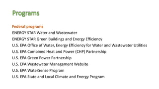 Programs
Federal programs
ENERGY STAR Water and Wastewater
ENERGY STAR Green Buildings and Energy Efficiency
U.S. EPA Offi...